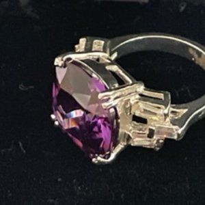 Vintage cocktail ring with emerald cut amethyst & cubic zirconias